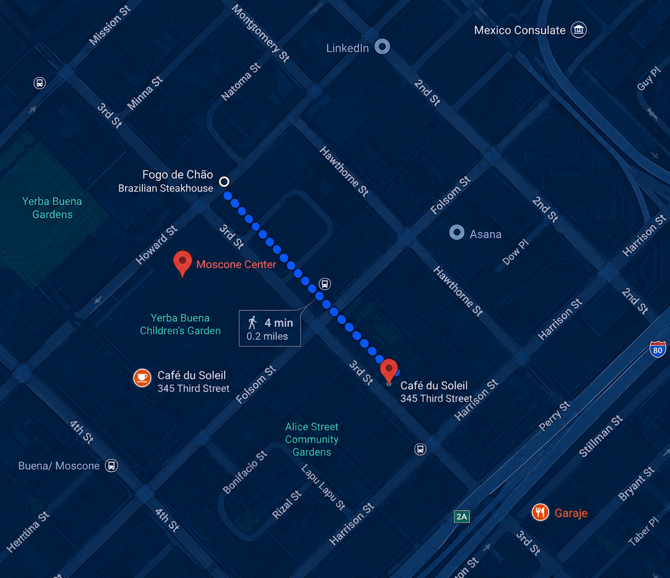 Map showing walking route from Moscone Center to Café du Soleil